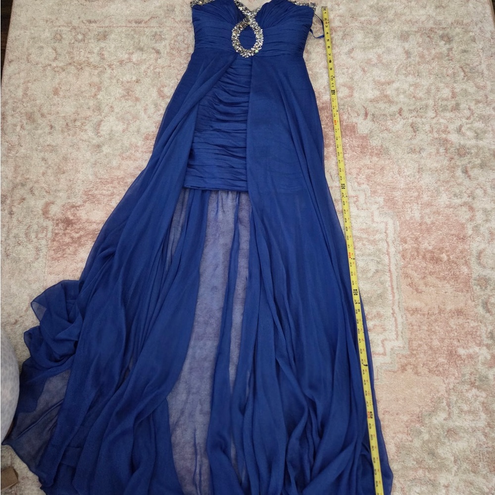 Strapless Royal Blue Evening High-Low Dress with Embellished Bodice - Picture 5 of 10